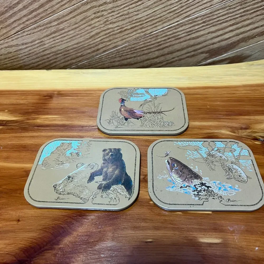 Vintage Avon‎ Tom O'Brian Wildlife Coaster Set Of 3 Pheasant Bear Trout Padded